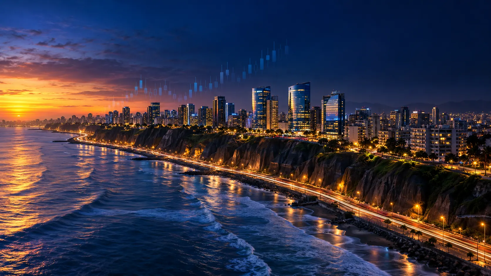 La costa de Lima al atardecer, con las torres de Miraflores y San Isidro frente al océano Pacífico